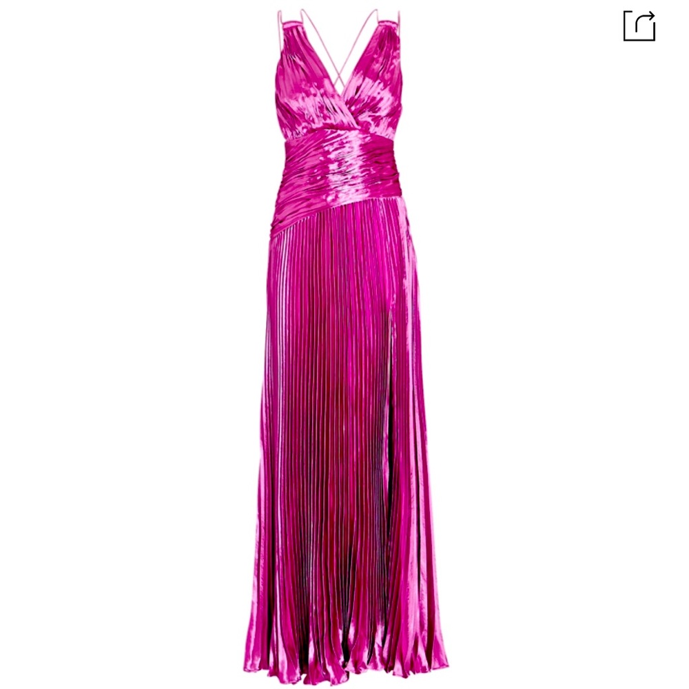 Vera Pleated Plunging Metallic Slit Maxi Dress In Pink 0 EUC